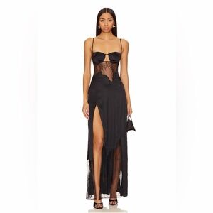NBD Revolve Averie Black Lace Panel Satin Slit Sexy Evening Gown Size Small